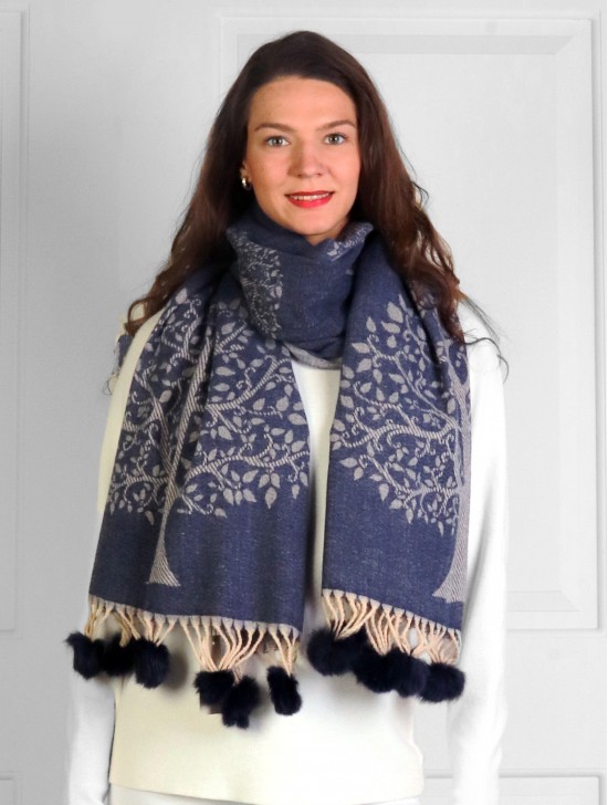 Cashmere Feeling Tree of Life Scarf with Pom-Poms